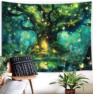 Enchanted Forest Green Wall Tapestry Mystical Tree Butterflies Fairies Woods New